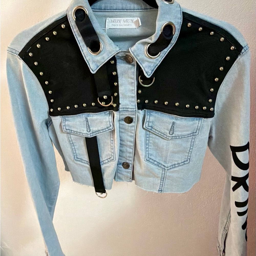 Edgy Light Blue and Black Denim Jacket